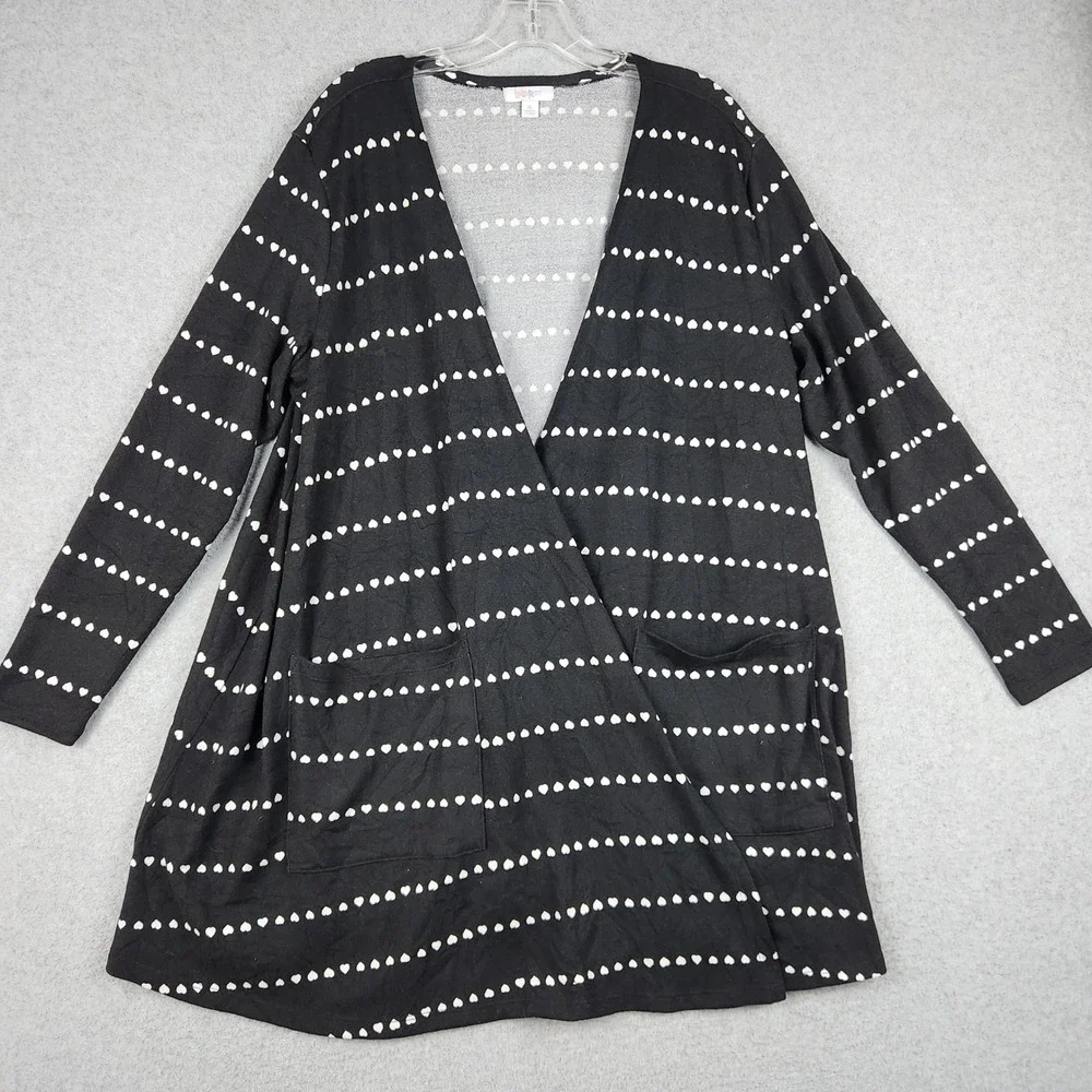 LuLaRoe Longline Cardigan Womens XL Black Joy Heart Print‎ Pockets Open Front